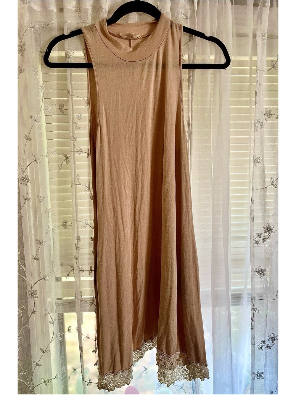 Miami Women's Tan High Neck Sleeveless Dress - Lace Hem - Size Medium
